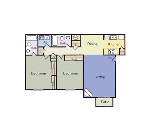 Floor plan for 2 beds, 2 baths, 965 sqft